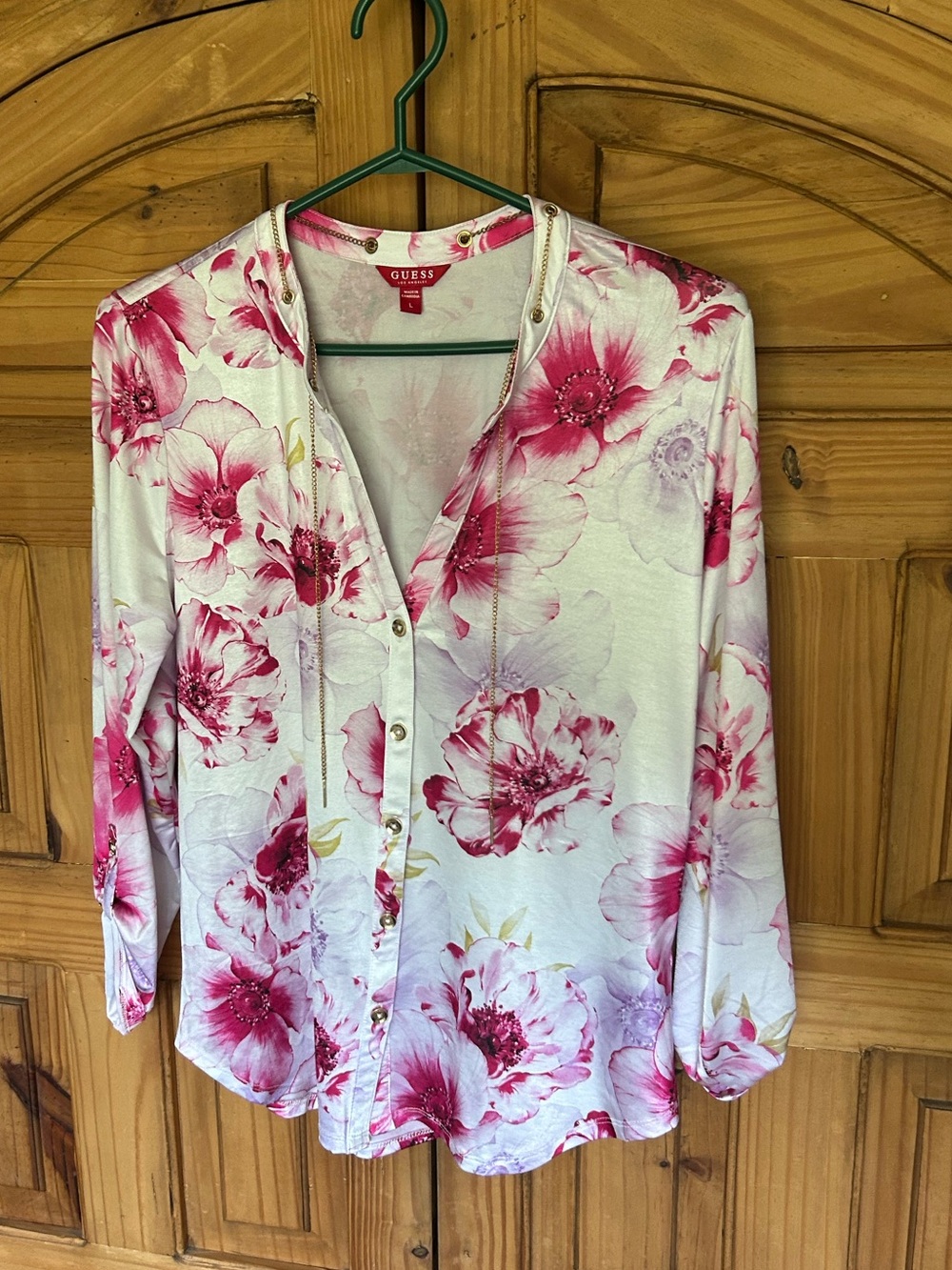 GUESS Button Down Blouse with Gold Chain